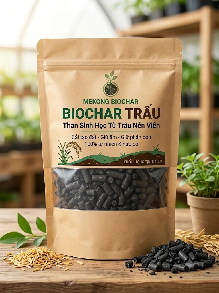 Than sinh học Biochar từ trấu – Cải tạo đất, giữ ẩm, làm giá thể (Bao 1 kg)