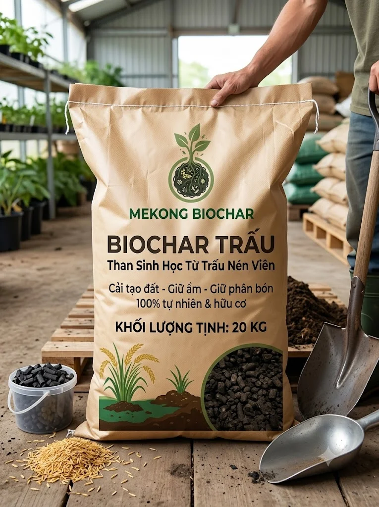 Than sinh học Biochar từ trấu – Bao 20 kg cho nông trại, vườn cây ăn trái